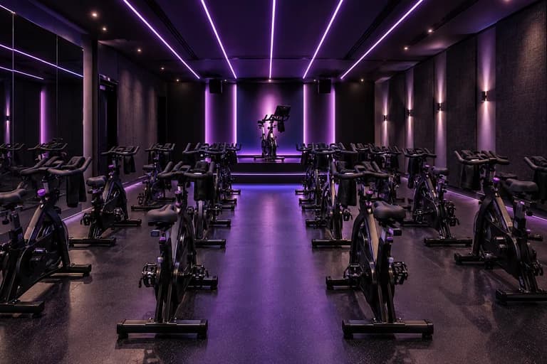 Rows of bikes in a studio lit with violet light
